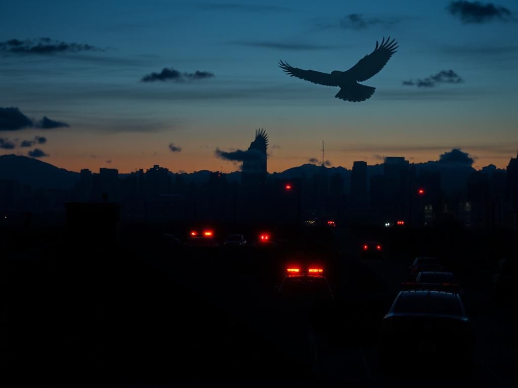 Flick International Dimly lit cityscape at dusk with police barricades and dark storm clouds