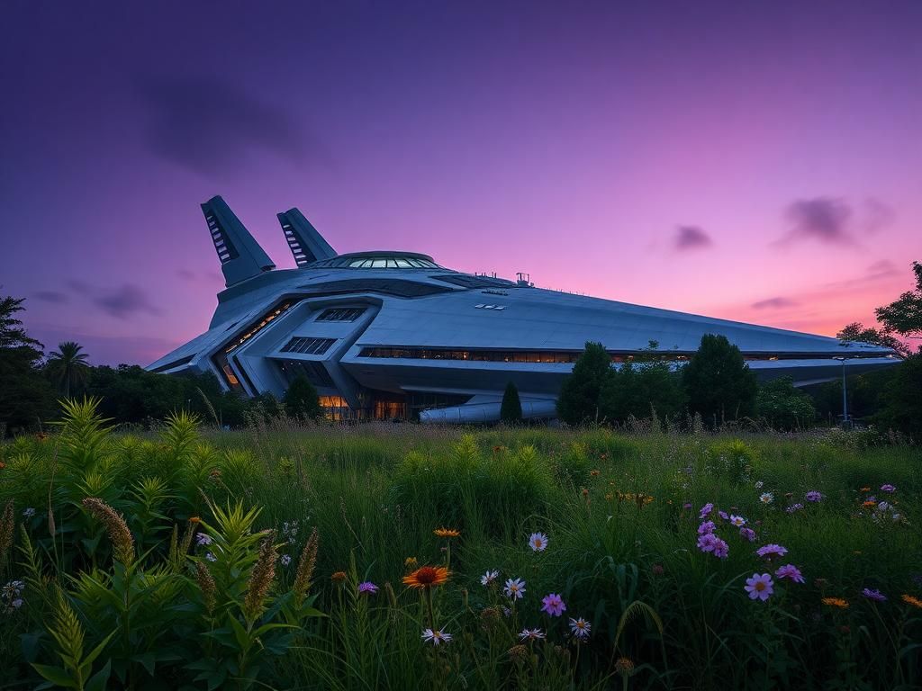 Flick International A futuristic building resembling a spaceship surrounded by overgrown greenery at Walt Disney World.