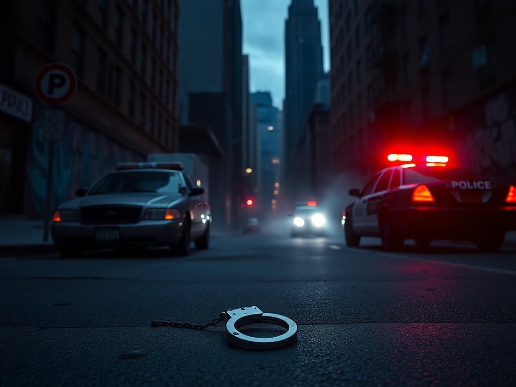 Flick International A somber New York City street scene at dusk with a police car and handcuffs symbolizing recent arrests