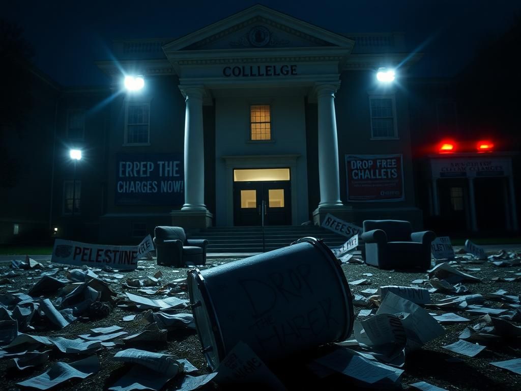 Flick International Darkened building at Barnard College with protest signs and overturned furniture