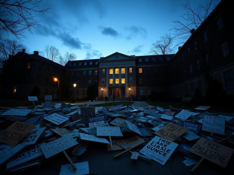 Flick International Exterior view of Barnard College during anti-Israel protest with scattered protest signs