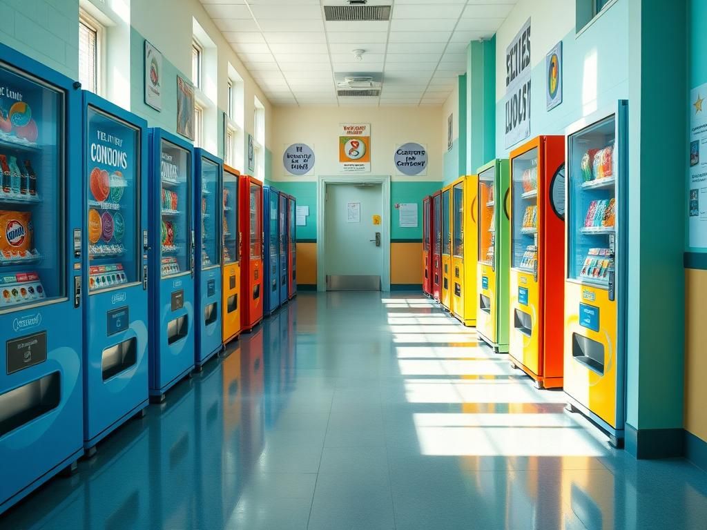 Flick International Empty public school hallway with colorful condom vending machines