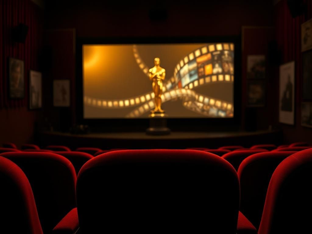 Flick International Dimly lit cinema interior with an empty plush red velvet seat and an illuminated screen showcasing abstract film awards