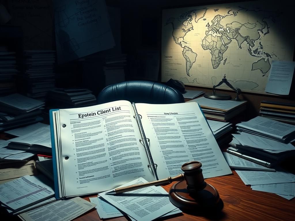 Flick International Dimly lit office desk with documents related to Epstein client list