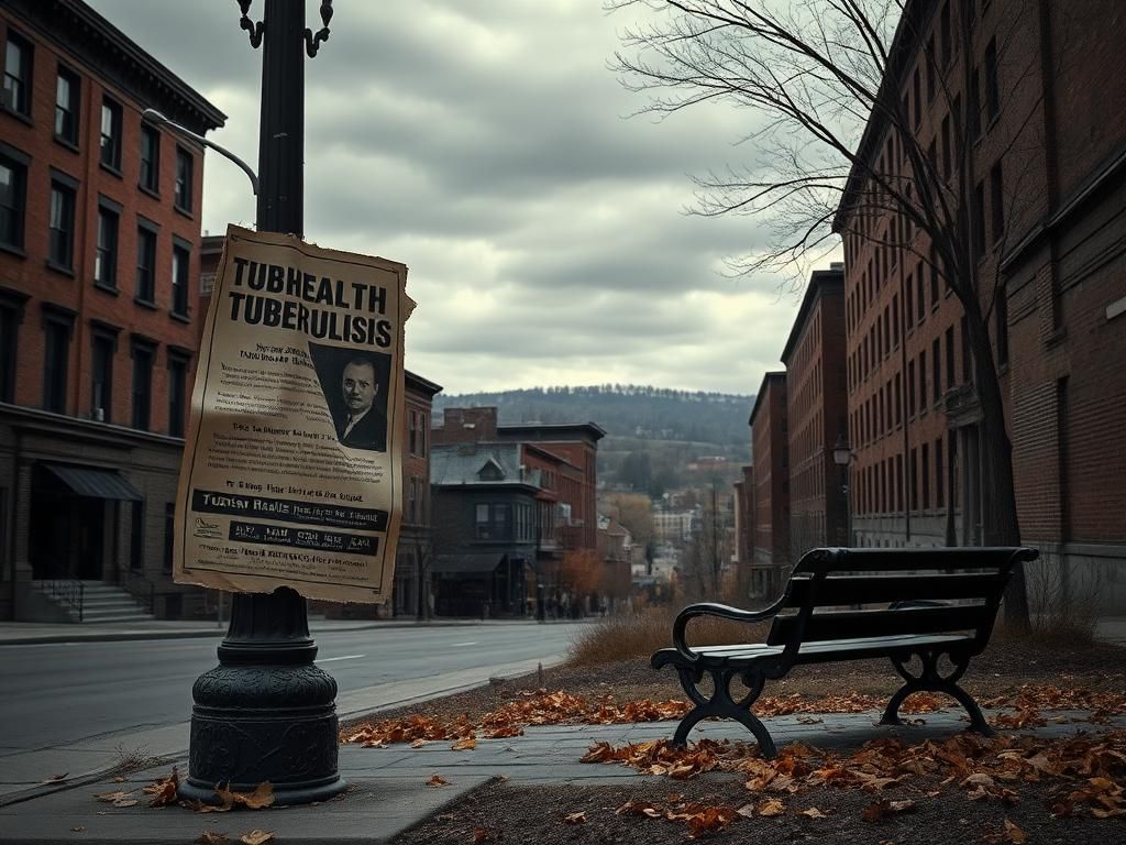 Flick International Urban landscape of Kansas City showcasing a deserted street with aging brick buildings and a weathered tuberculosis health poster.