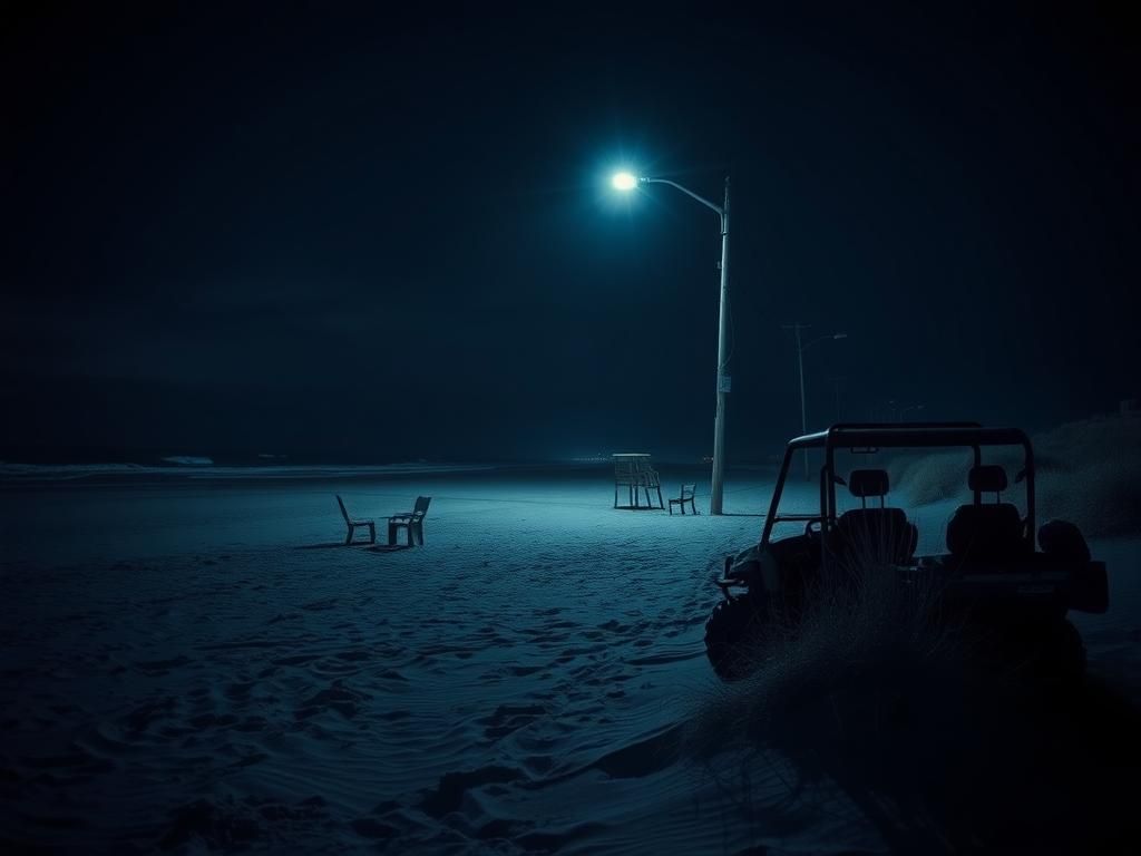 Flick International Dark night scene along Ocean Parkway with an All-Terrain Vehicle and abandoned beach equipment