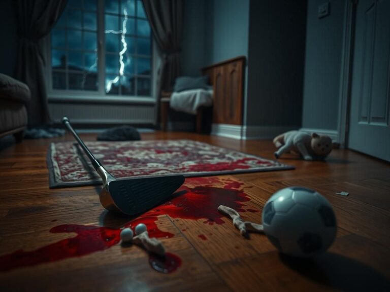 Flick International Dimly lit apartment interior with shattered golf club and blood-stained rug