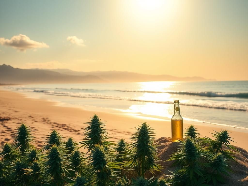 Flick International Serene California landscape with cannabis plants and a peaceful beach