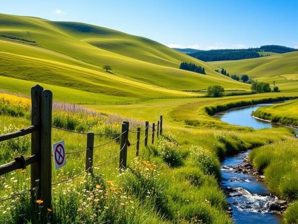 Flick International Serene countryside landscape with lush green hills and wildflowers under a blue sky