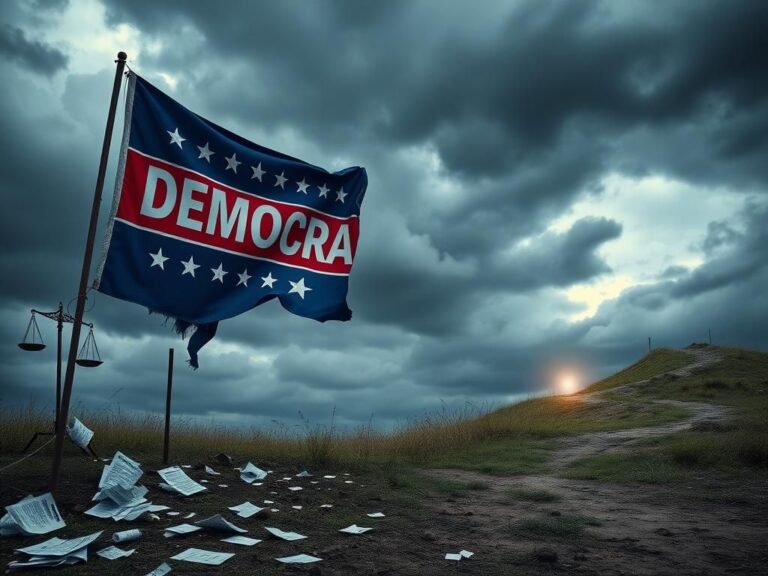 Flick International A dilapidated Democratic Party banner hangs limply in front of a stormy sky, symbolizing leadership failures.