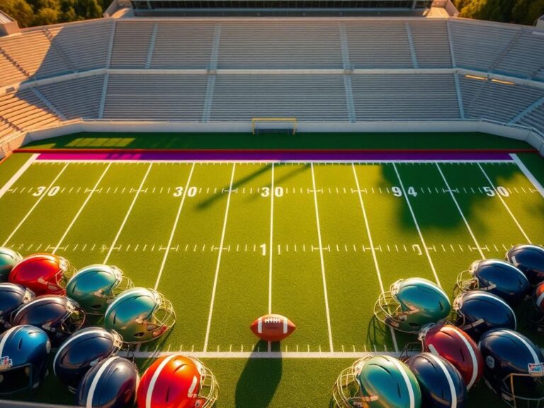 Flick International Overhead view of a football field with yard lines, goalposts, and unused football helmets symbolizing NFL free agency