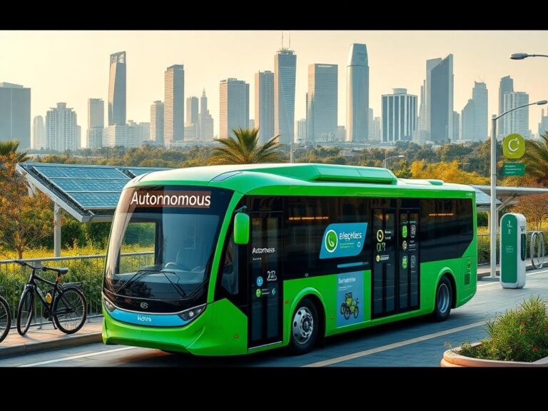 Flick International Futuristic driverless electric city bus parked at a modern bus stop