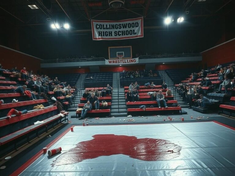 Flick International Chaotic scene of empty bleachers and an abandoned wrestling mat at a recent tournament