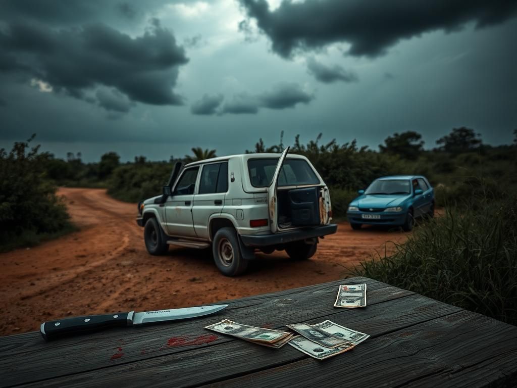 Flick International dimly lit Angolan landscape with a rugged SUV and a bloodstained area showcasing recent turmoil