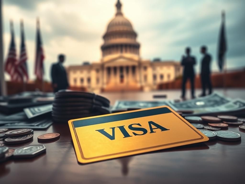 Flick International Close-up of a golden visa card on a polished wooden desk with currency notes and a blurred U.S. Capitol in the background