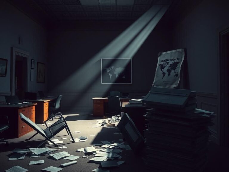 Flick International Dimly lit government building with overturned chair and scattered files symbolizing chaos after USAID contract cuts