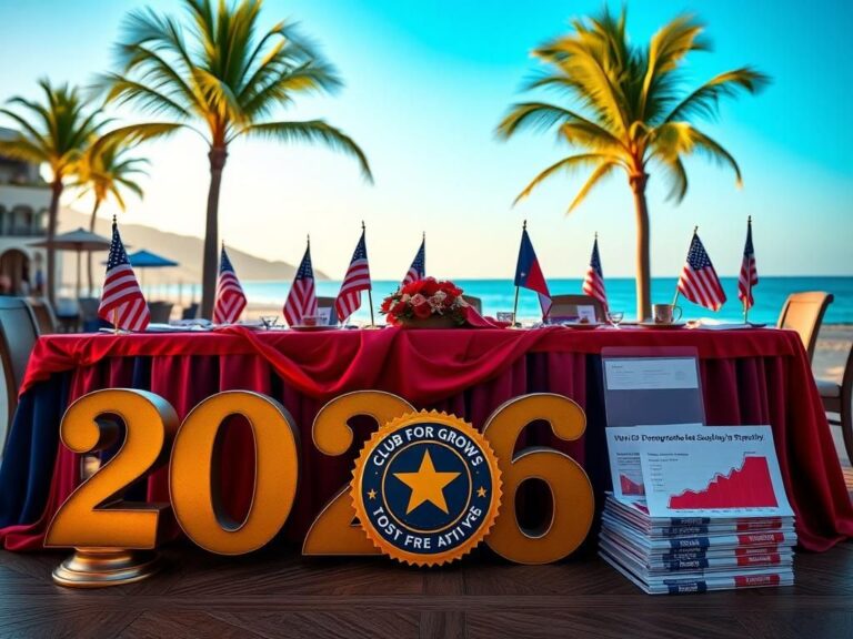 Flick International A luxurious beachfront setup for the 2026 GOP primaries featuring red and blue decor