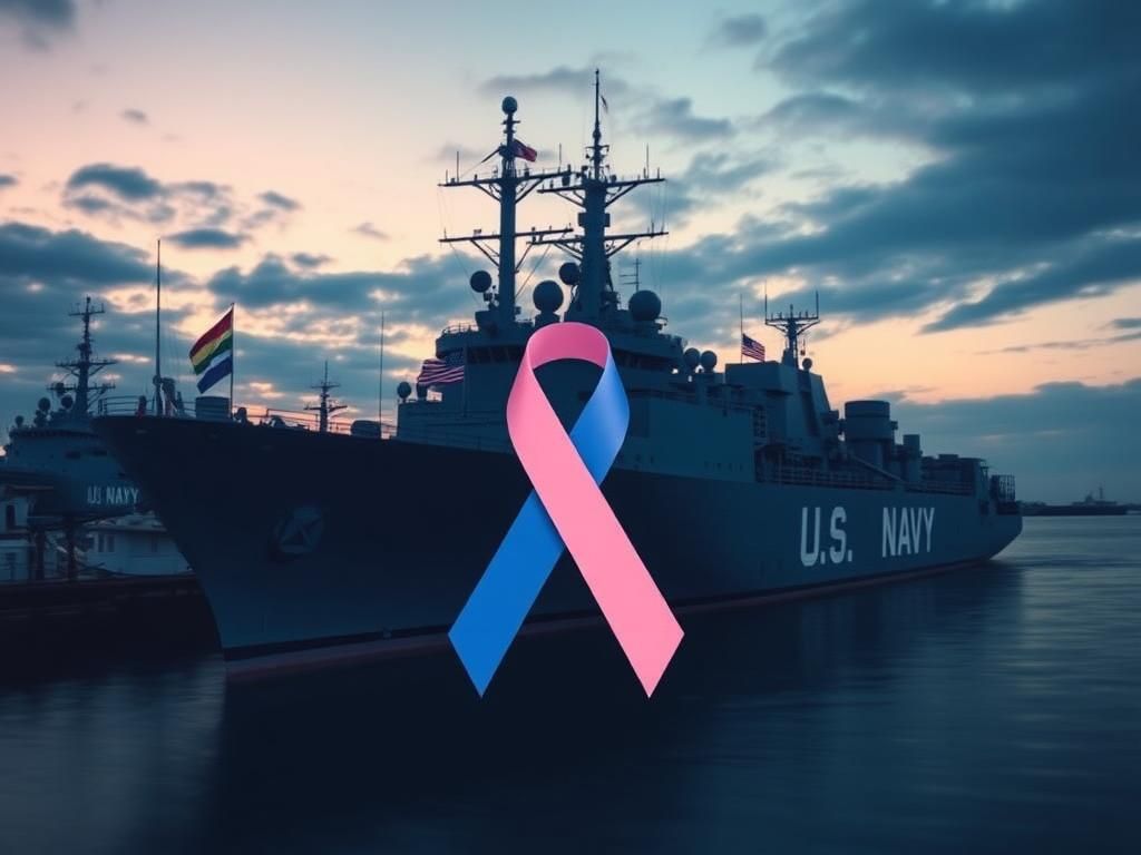 Flick International U.S. Navy ship docked in harbor at twilight