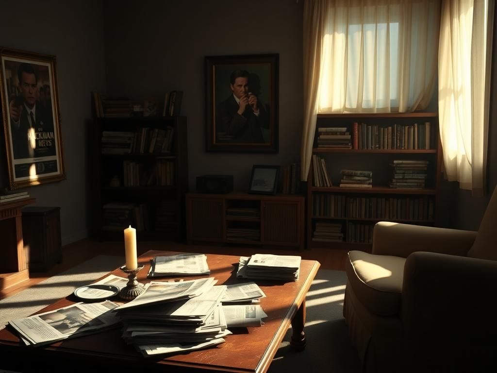 Flick International An empty, dimly lit living room with a classic movie poster of Gene Hackman framed on the wall.