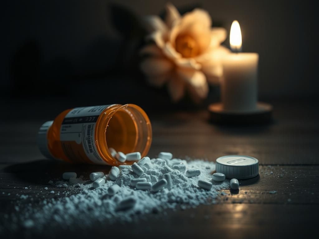 Flick International Close-up of a shattered prescription pill bottle spilling white powder, symbolizing the opioid crisis