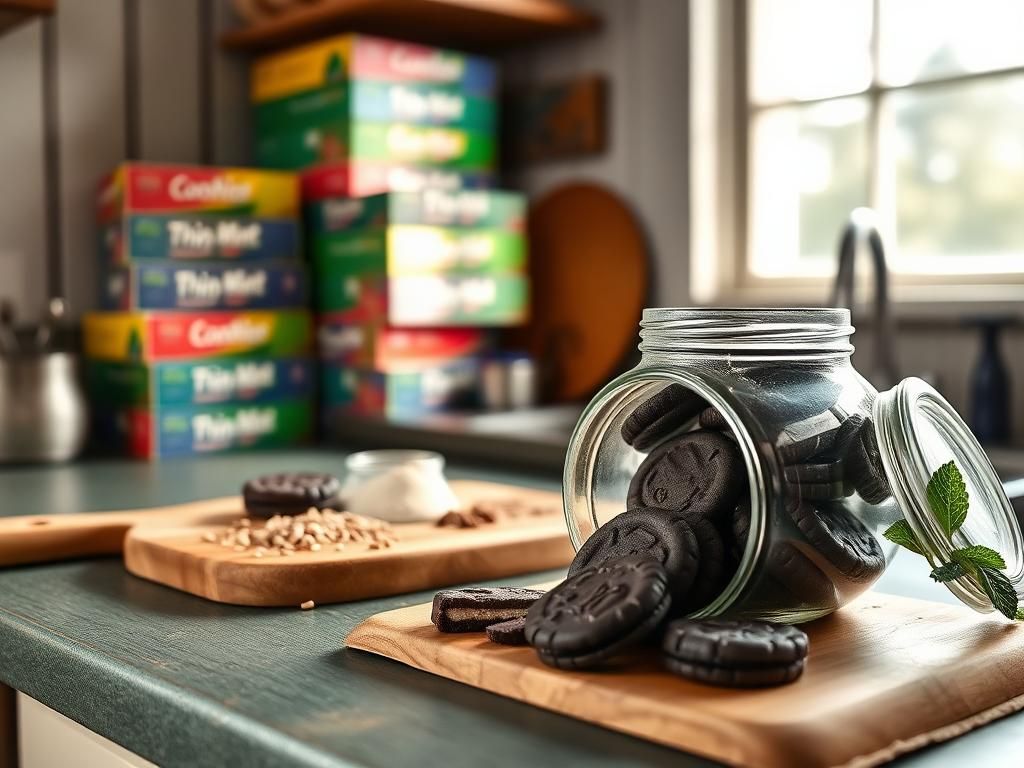 Flick International Colorful assortment of Girl Scout cookie boxes with Thin Mints in a rustic kitchen setting