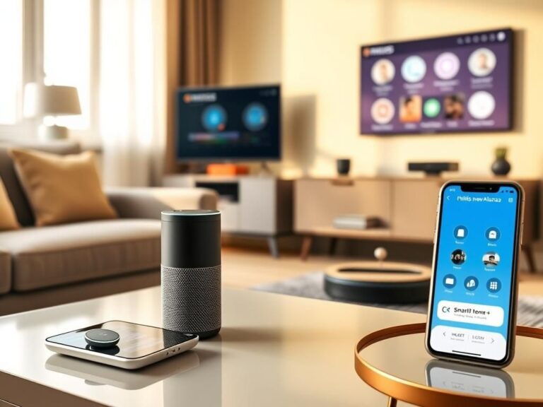 Flick International A modern living room featuring an Amazon Echo device and smart home gadgets