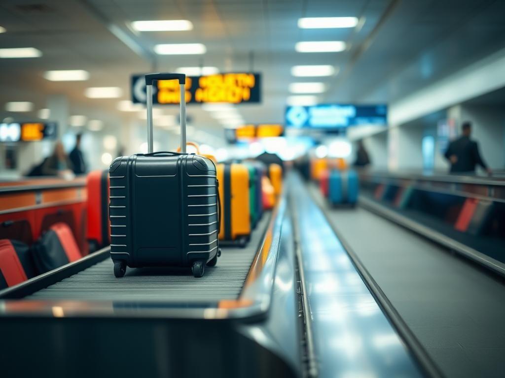 Flick International Busy airport baggage carousel with colorful suitcases and bags