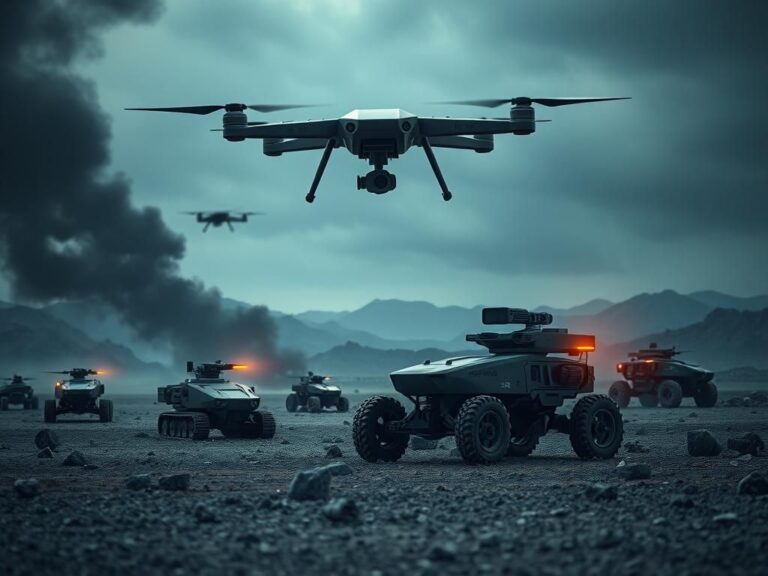 Flick International High-tech military equipment and drones in a dramatic battlefield scene