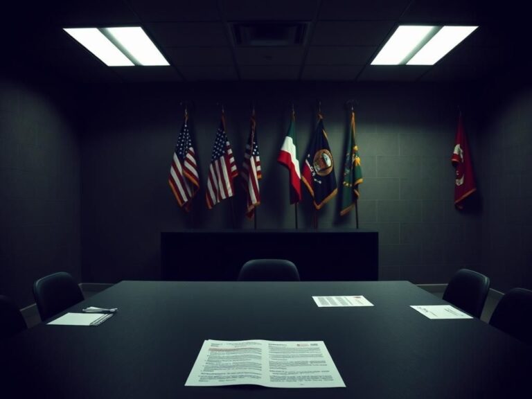 Flick International A stark military facility room with an empty table and military insignia