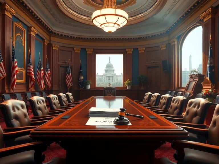 Flick International A spacious U.S. Senate Committee room with a mahogany table and empty leather chairs.