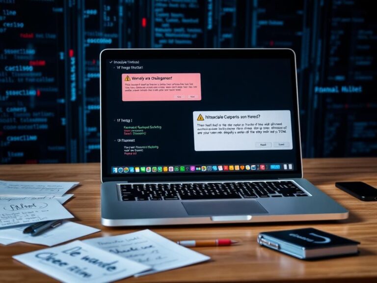 Flick International Close-up view of a modern Mac laptop displaying malware warning messages on a wooden desk