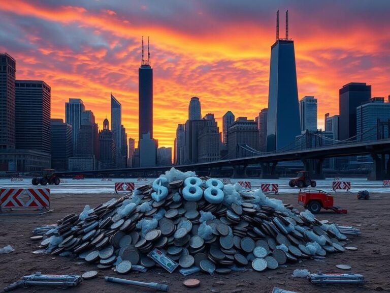 Flick International Desolate cityscape of Chicago with frozen pile of coins symbolizing withheld federal funding