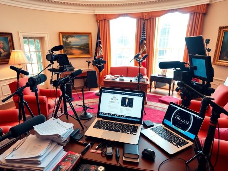 Flick International A vibrant scene of the Oval Office with media equipment and bright decor