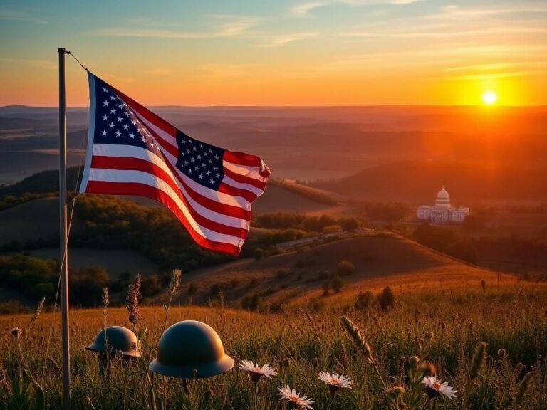 Flick International Majestic view of the Arkansas landscape at dawn with an American flag