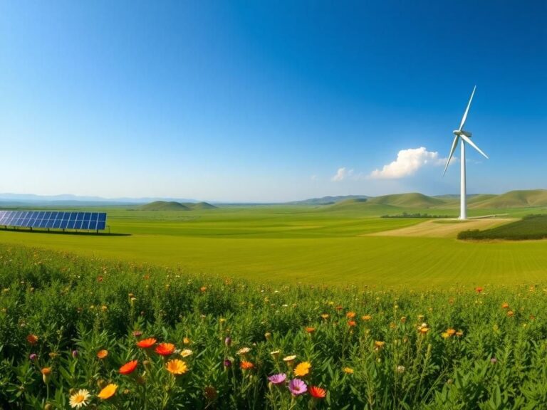 Flick International Panoramic view of an agricultural landscape with crops, wildflowers, wind turbine, and solar panels