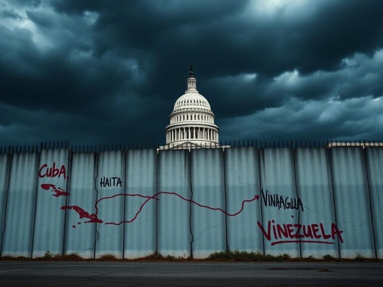 Flick International A stormy U.S. Capitol looming behind a cracked concrete wall with graffiti maps of migrant routes