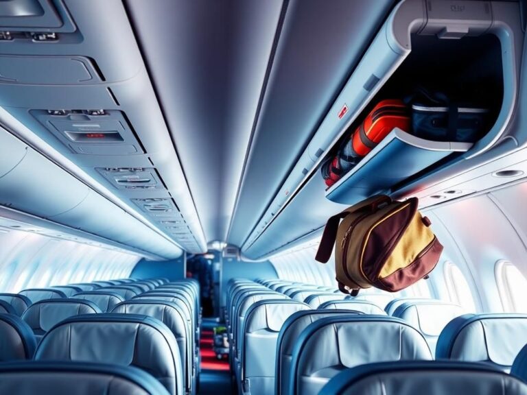 Flick International Interior view of an airplane with empty passenger seats and overhead luggage compartments