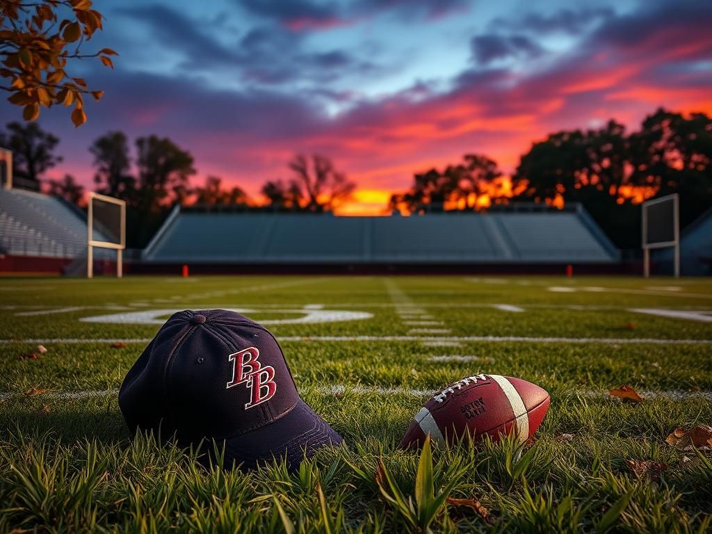 Flick International A somber college football field at dusk with a discarded coaching cap in the foreground