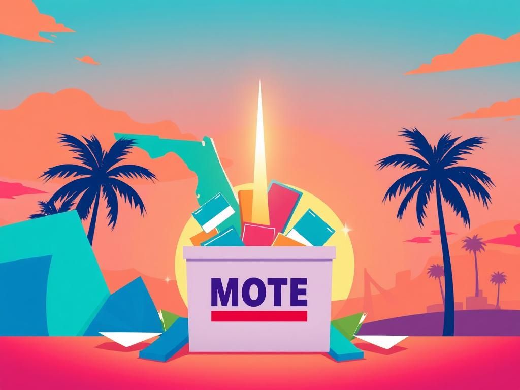 Flick International Abstract representation of a new political party formation with a ballot box overflowing with colorful campaign materials in a stylized Florida landscape