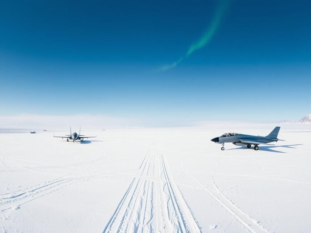 Flick International A panoramic view of military aircraft on a snow-covered airstrip in Greenland