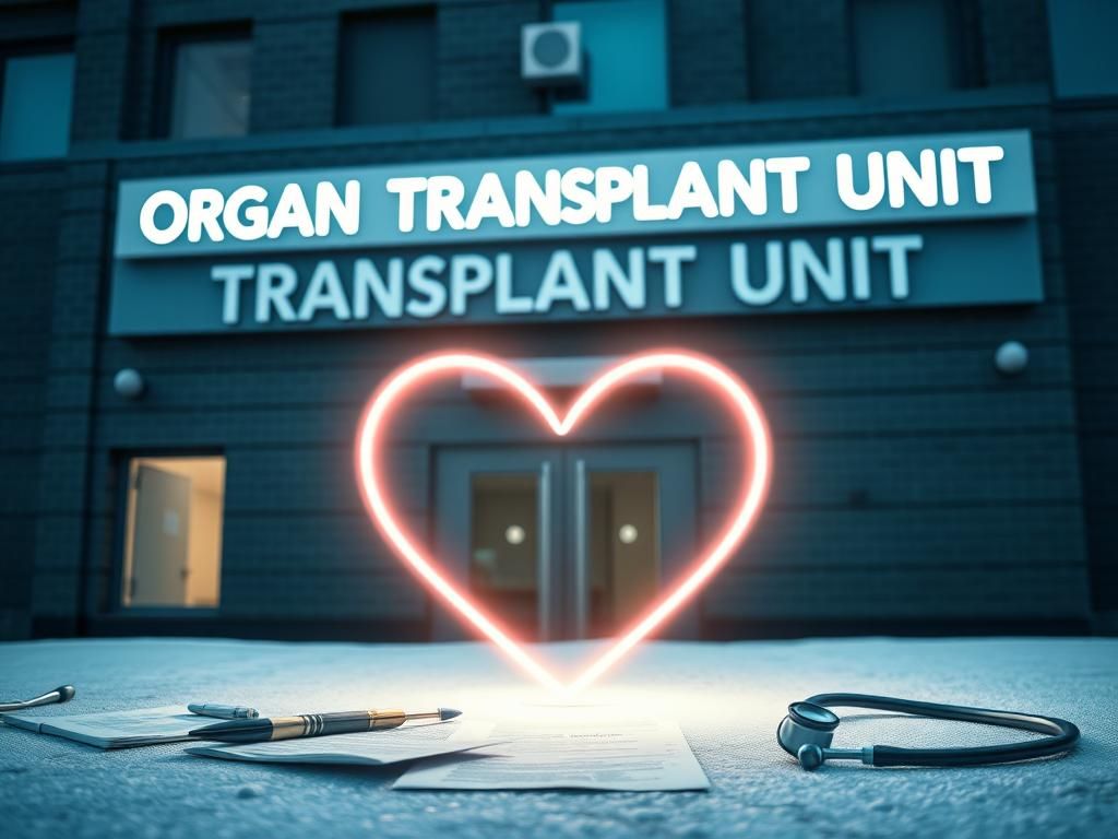 Flick International Close-up of a hospital building with an 'Organ Transplant Unit' sign and a glowing heart symbolizing hope