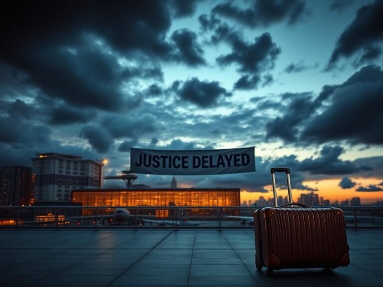 Flick International Dramatic urban skyline at dusk with a silhouetted airport terminal and ominous baggage claim area