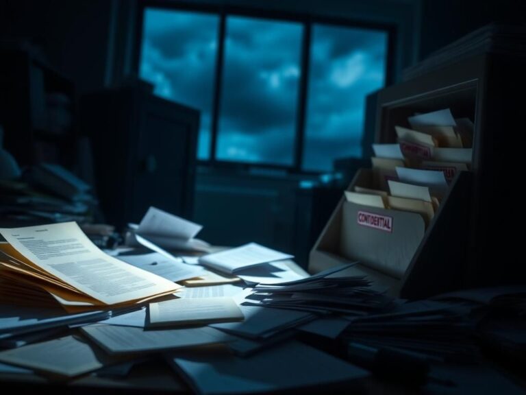 Flick International Dimly lit office with scattered confidential documents and files