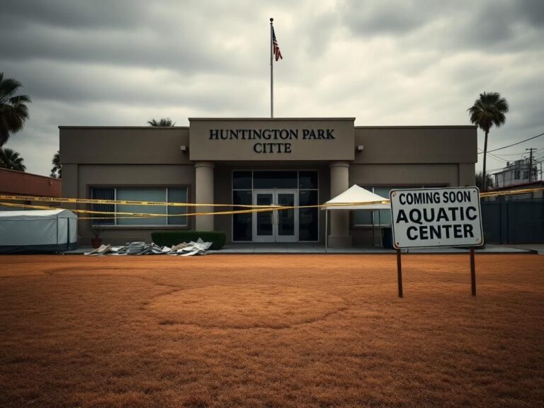 Flick International Exterior view of Huntington Park city hall with police tape and evidence tent during corruption investigation