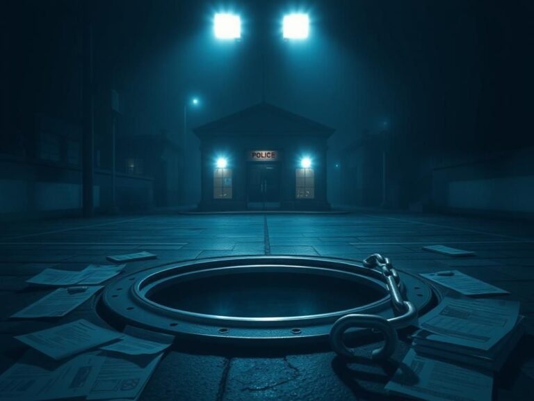 Flick International Dimly lit urban street at night with a police station and open manhole cover symbolizing dangers beneath