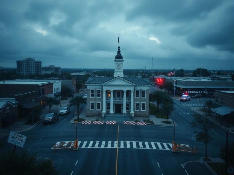 Flick International Aerial view of downtown Angleton, Texas showcasing the Brazoria County Courthouse surrounded by police barricades during a bomb threat response.