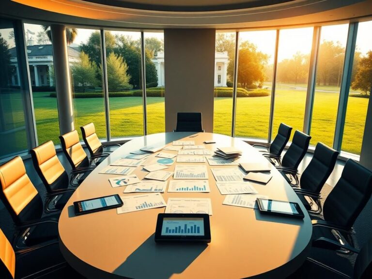 Flick International Modern conference room inside the White House featuring an oval table with empty chairs