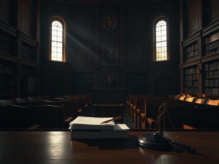 Flick International Empty courtroom with wooden seats and legal documents on the desk