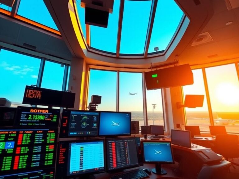 Flick International A busy air traffic control tower showcasing modern technology and radar screens