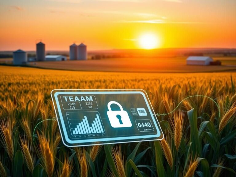 Flick International Serene agricultural landscape at dawn with wheat and corn fields, modern silos, and barns symbolizing food production and cybersecurity threats.